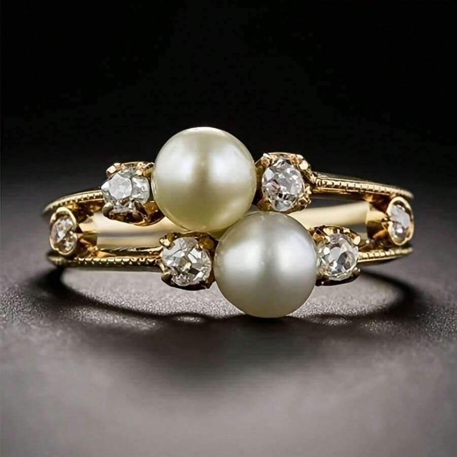 Vintage Elegant Palace Style Women's Ring With Imitation Imitation Pearl & Accents, Golden-Tone Metal Jewelry For Weddings, Valentine's Gifts, Year-Round Wear, Wedding Accessory, Sophisticated Jewelry, Luxurious Appearance - 彩色 - 查看 1