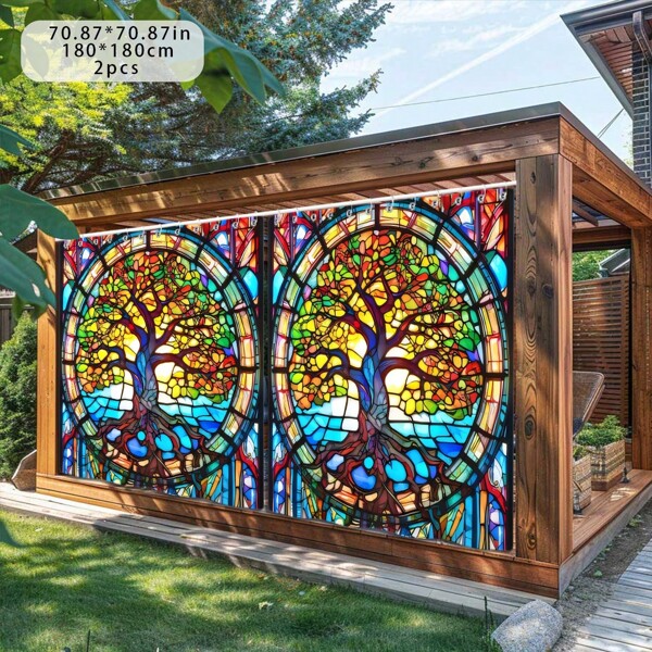 1 pieza/2 piezas Cortina colgante para exterior, cortina de sombreo con patrón de arte de moda luminiscente de árbol de la vida colorido, apta para cortina de ventana interior/exterior, balcón, patio exterior