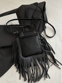 复古仿麂皮流苏单肩包，高品质小方形斜挎包