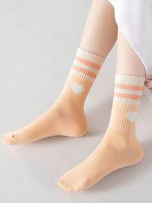 5 双女童纯色条纹心形图案长筒袜，韩版休闲运动中筒袜，舒适透气幼儿长袜，适合春秋季