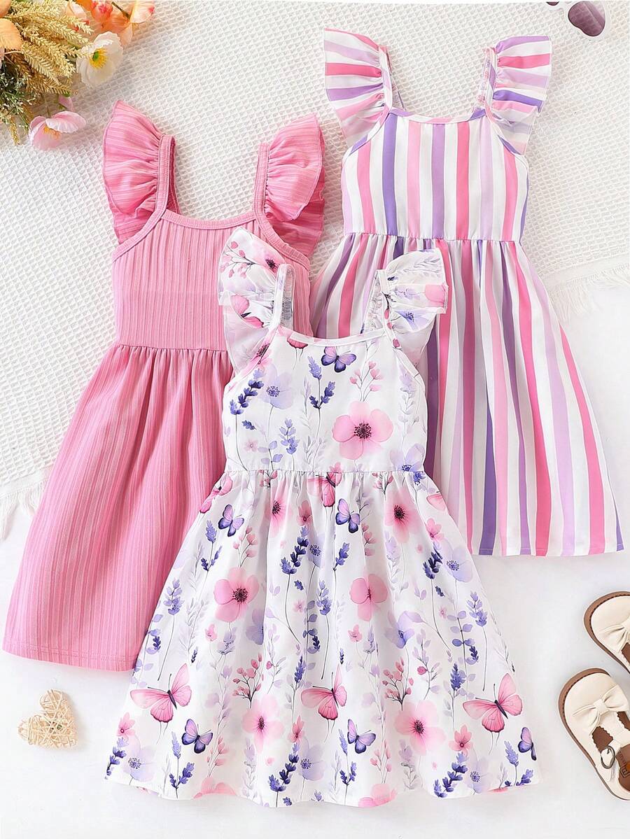 Young Girls 3pcs/Set Summer Casual Dress, Puff Sleeve Striped Floral Print, Fashion Vacation Outdoor Sundress - Multicolor - View 1