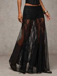 Women's Summer Inspired Design Elegant Vintage Black Lace Long Skirt With Polka Dots For Party Streetwear - 黑色 - 查看 2