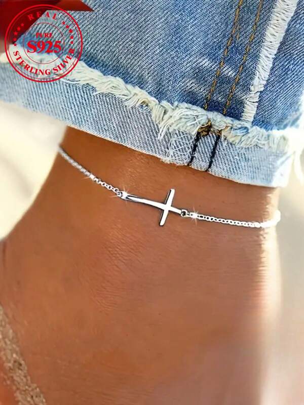 1 Stück Damen 925 Sterling Silber minimalistische Kreuz-Fußkette, hypoallergen, klassischer Stil, einfaches Design, Lässig Schmuck