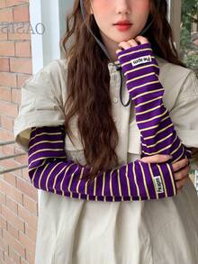 1 对女式可爱条纹防晒臂套，薄款透气防紫外线宽松户外驾驶骑行臂套，夏季