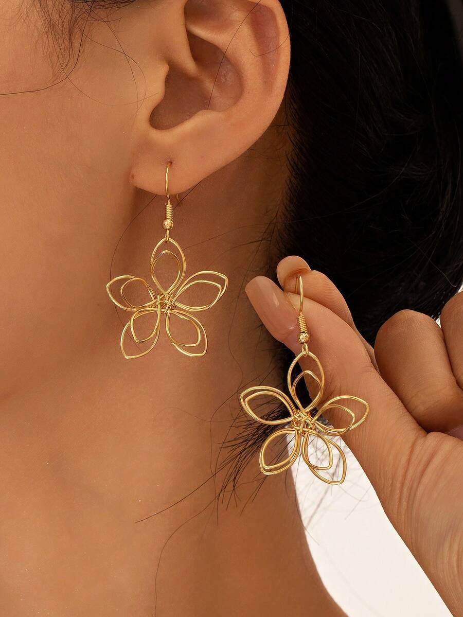 1 对时尚金色花卉几何耳钉，适合女士，百搭日常佩戴 - 金色 - 查看 1