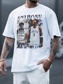 Anthony Edwards Graphic Print Men's Tee  Sports Inspired TShirt For Casual Style Fashionable Streetwear Top With Comfortable Fabric And Durable Print Design Ideal For Basketball Fans Available In Multiple Sizes - לבן - ראה 1