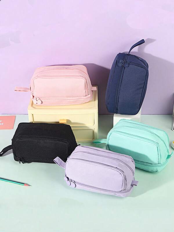Double-Layer Dual Window Pencil Case, Solid Color Minimalist Multi-Function Large Capacity Storage Bag, Dirt-Resistant For Students,Back To School,School Supplies,Pencil Pouch,School Bag