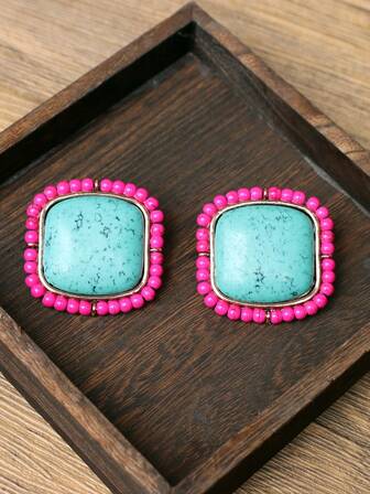 1 par rosa pärlörhängen med grön turkos inläggningar, västerländska smycken/sommarsmycken