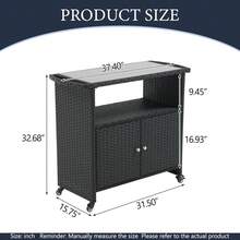 Outdoor Wicker Bar Table With Tempered Glass Top,Rolling Bar Cart With Storage Shelf,Lockable Wheels All-Weather Patio, Poolside, And Garden Furniture,Black - Black. - View 2