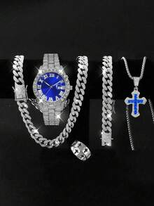 5 件男士时尚石英表套装，带蓝色锆石十字架、链嘻哈项链、手链、戒指 - 完美的圣诞礼物、日历钻石手表套装 - 銀色 - 查看 1