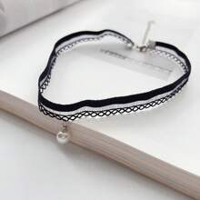 1pc Fashionable Minimalist Sweet Cute Lolita Style White Lace Hollow Pearl Pendant Choker Necklace, Suitable For Everyday Wear
