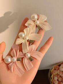 Set de 4 pinzas para el pelo con lazo blanco y rosa, pinzas laterales con perlas para niñas, accesorios para el cabello