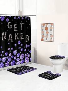 1pc/4pcs Purple Diamond Pattern Multifunctional Bathroom Set, Including Waterproof Shower Curtain With 12 Hooks, Anti-Slip Bath Mat, U-Shaped Floor Mat And Round Toilet Lid Cover, Suitable For All Bathroom Scenes Bathroom Accessories Back To School