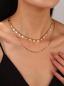 1pc Stainless Steel Round Tassel Pendant Necklace For Women Fashion Gold Color Double Layers Chain Necklace Jewelry Gift