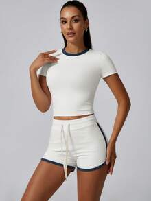 NcmRyu 1套抽绳腰部撞色塑身短袖短裤运动套装