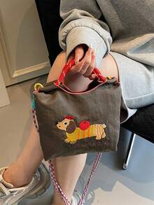 可爱刺绣帆布水桶包，女士时尚防水尼龙单肩托特包，狗狗刺绣图案女士手提包，带可拆卸肩带 - 彩色 - 查看 17