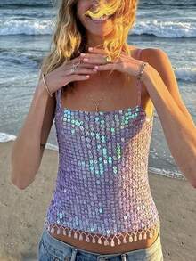 Women Sequins Knit Crochet Vest Tank Cami Crop Top Rave Party Club Tops - Blue - View 1