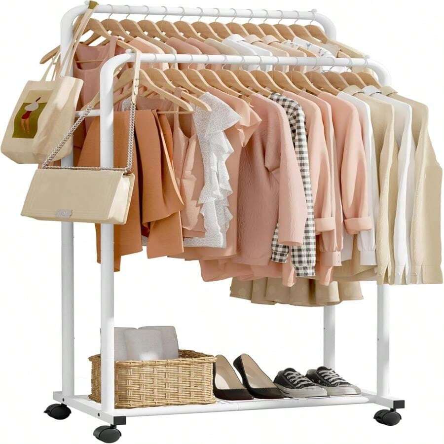 Perchero de ropa Sakugi - Perchero con estantería de malla de almacenamiento y ruedas, perchero de metal resistente para colgar ropa, vestidos, abrigos, con gran capacidad de carga, fácil montaje, color blanco, 28.0"X16.0"X59.0" - Blanco - Ver 1