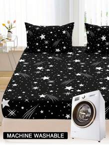 Set de 3 piezas que incluye 1 sábana ajustable con estampado de estrellas fugaces, 2 fundas de almohada, protector de colchón y cubierta de colchón para cama, suave y transpirable, para cama individual, doble, king y queen con bolsillo profundo de hasta 30 cm. Textil para el hogar.