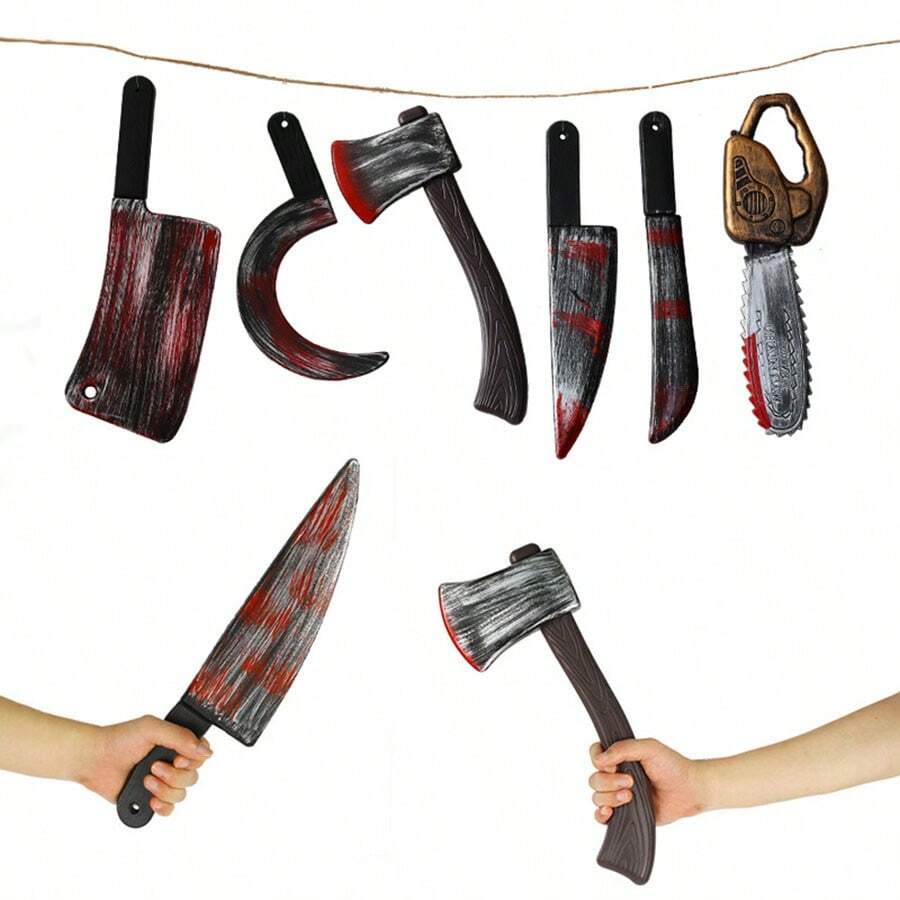 3pcs Halloween Plastic Weapon Simulation Axe Sickle Role-Playing Stage Performance Chainsaw Horror Prop Halloween Costume Prop (Random Style)(Some Minor Flaws, Don't Take Pictures If You Mind)