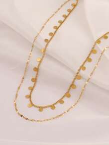 1pc Stainless Steel Round Tassel Pendant Necklace For Women Fashion Gold Color Double Layers Chain Necklace Jewelry Gift