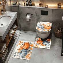 4 piezas Juego de cortina de ducha con tema de calabaza y hojas de otoño, cortina de baño impermeable y lavable de poliéster con ganchos, accesorios de baño, decoración de baño de vuelta al colegio - Multicolor - Ver 3