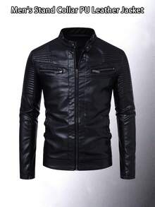 男士长袖立领修身仿皮摩托车夹克，休闲百搭 - 黑色 - 查看 4