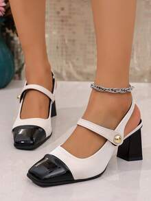 复古方头法式高跟凉鞋，时尚包头高跟鞋，性感优雅的粗跟玛丽珍鞋，亮面皮革，魔术贴闭合，适合约会、伴娘、所有季节 - 米色 - 查看 4