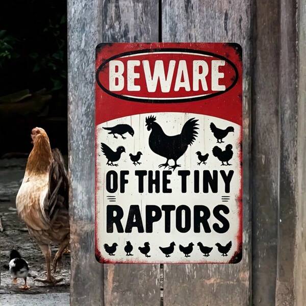 1pc Humorous Farm Metal Tin Sign - Retro "BEWARE OF THE TINY RAPTORS" Design With Chicken Silhouettes, Rustic Aluminum Wall Art For Outdoor/Indoor Farmhouse, Garden & Country Home Decor, Farm Decor, Whimsical Signage, Rustic Finish, 2D Flat