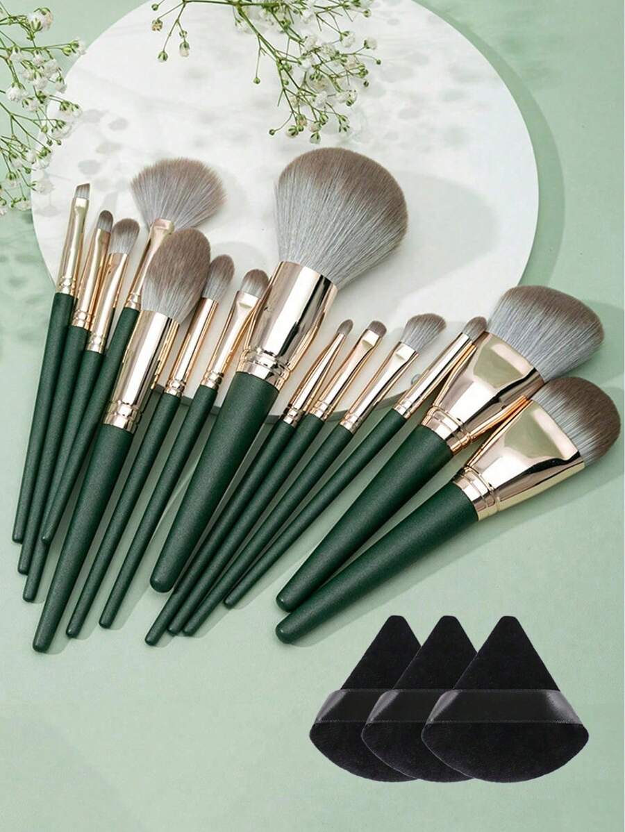 14pcs/Set Professional Makeup Brushes + 3pcs Black Makeup Sponges, Full Set Of Green Cosmetic Tools Suitable For Foundation, Blush, Eyebrow, Concealer, Liquid Blending, Essential For Beginners & Makeup Artists
