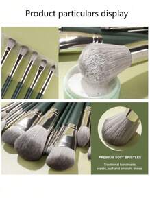 14pcs/Set Professional Makeup Brushes + 3pcs Black Makeup Sponges, Full Set Of Green Cosmetic Tools Suitable For Foundation, Blush, Eyebrow, Concealer, Liquid Blending, Essential For Beginners & Makeup Artists