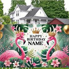 1 buc fundal personalizat pentru petrecere de ziua de naștere cu flamingo, decor de perete tropical cu nume personalizat și accente aurii, nu necesită alimentare pentru sărbători în interior și în exterior, decorare flamingo