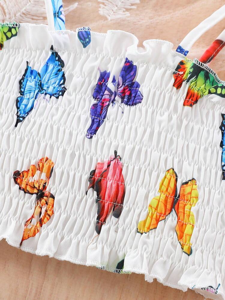 Young Girl Summer Children's Clothing Set, New Summer Outfits For Girls Including Butterfly Print Net Top & Shorts, Two-Piece Set - Blue - View 4