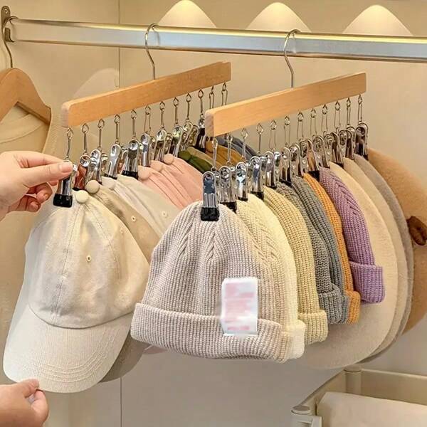 1/2pcs Versatile 12-Clip Wooden Hat Hanger - Perfect For Drying Underwear, Ties, Infant And Toddler Clothing, Scarves & More - Ideal Home Organizer For Closet, Wardrobe, Bedroom, 360° Rotating Space Saving Hanging Clothes Organizer For Closet Organizers And Storage.