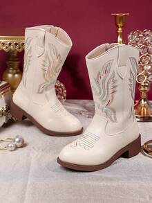 1 Pair Children's Flame Pattern, Sequin Trim, Faux Leather, Mid-Calf Zipper, Low Heel, Western Cowboy Style Boots, Suitable For Everyday/Party Wear - Beige - View 3