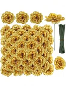 60/80 chiếc hoa hồng nhân tạo màu vàng, hoa đầu hoa hồng có thân hoa hồng ngọc lục bảo nhân tạo số lượng lớn - Hoa hồng lụa giả cho bó hoa cưới, tiệc, trang trí nhà, đồ trang trí trung tâm bàn, quà tặng trang trí Ngày Thánh Patrick - Vàng - Xem 1