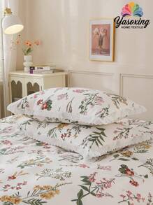 2 ou 3 pièces Ensemble de couette à motif d'imprimé de feuilles vertes et de fleurs roses avec bordure à volants 100% coton, respirant, ultra doux, toutes saisons (1 pièce*Couette + 1 ou 2 pièces*Taie d'oreiller, sans oreiller), design bicolore doux pour chambre à coucher et chambre d'amis, Saint-Valentin, poids léger, tailles lit King, Queen, Full, Twin