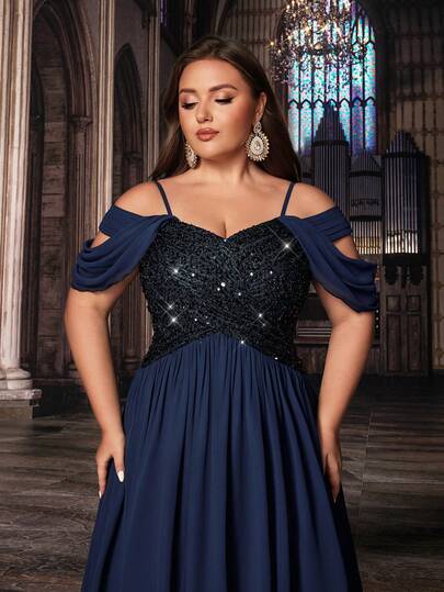QOQ Plus Size Women's Sequin Formal Evening Dress, Shiny Wedding Guest Bridesmaid Gown, Elegant A-Line Flowing Cocktail Party Dress For Summer