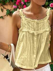 Women Summer Tank Tops Casual Lace Patchwork Buttons Sleeveless Shirt Basic Vest Aesthetic Clothes for Streetwear - Amarillo - Ver 2