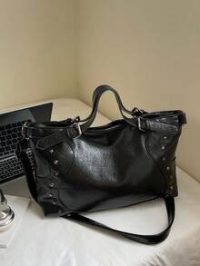 复古铆钉装饰女式摩托车包，多功能高品质大容量小巧单肩斜挎包 - 黑色 - 查看 4