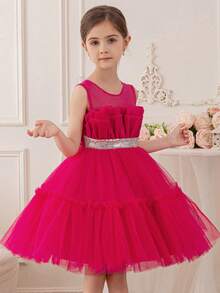 Young Girl's Elegant Butterfly Net Mesh Trailing Dress, Suitable For Graduation Party, Ceremony, Princess Gown - Hot Pink - View 2