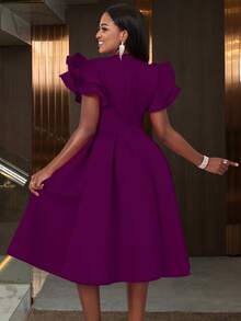 Women's Sweetheart Neck Ruffle Hem Flare Skirt, Suitable For Parties, Graduations, Back To School Occasions, Paired With Bell Sleeves - Purple - View 3