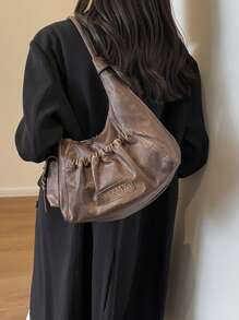 Korean Version Simple Niche Solid Color Black Vintage Texture Women's Bag Autumn And Winter New Fashion Handbag, Casual Versatile Commuting Travel Large Capacity Shoulder Bag
