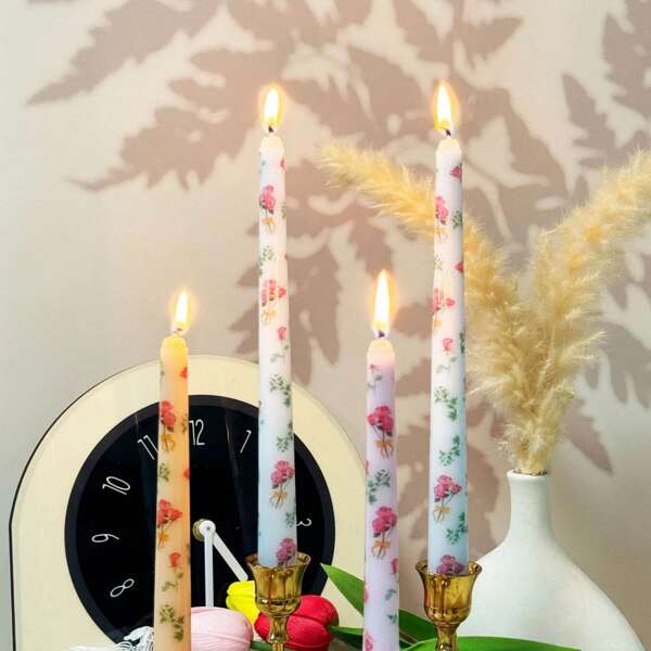2, Two Long Stem Candles With Romantic Rose Bouquets, 9.84-Inch Vintage Pattern Table Candle Decoration, Nordic Style Printed Long Stem Candles, Wedding Banquet Decoration Atmosphere, Festive Atmosphere Candles, Valentine's Day Candles, Suitable For Weddings, Dinner Parties And Home Decorations, Party Decoration Candles, Family Table Decoration Candles