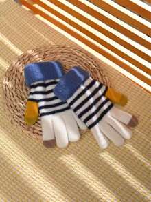 kissyouths 条纹休闲涤纶保暖手套，男女通用户外休闲手套，时尚秋冬手套 - 彩色 - 查看 10