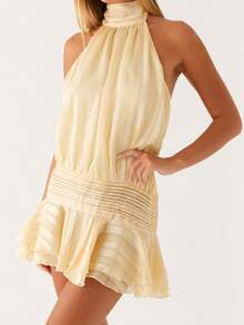 Women Chiffon Mini Halter Neck Dress Pleated Sleeveless Open Back A-Line Layered Ruffle Short Dress Vacation Club Party Wear - Yellow - View 2