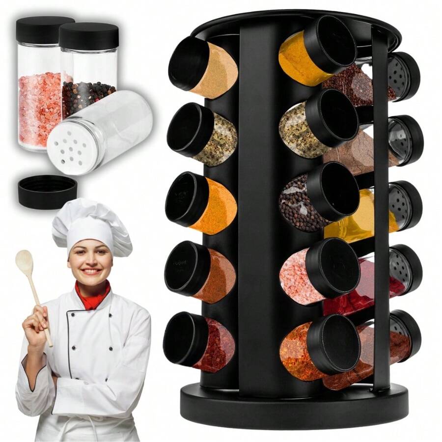 Plateau tournant à épices, carrousel à pots à épices, plateau tournant à épices, conteneurs de stockage d'épices, rond, noir, acier inoxydable (16/20 pots) Support à épices rotatif à 360 °, organisateur avec 16 pièces et 20 pots, autoportant, rangement en acier inoxydable pour cuisine, noir.