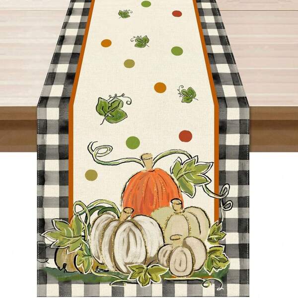 Pumpkin Polka Dot Plaid Table Runner For Autumn, Kitchen Dining Room Tabletop Decor For Dinner, Seasonal Home Decoration