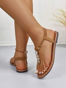 新款春夏时尚女士拖鞋，时尚休闲罗马风格一脚蹬凉鞋，颜色有黑色、米色、棕色；纯色编织舒适沙滩凉鞋；博主推荐厚底凉鞋；夏季沙滩鞋；优雅扣环低跟圆头拖鞋；防臭防滑面料串珠装饰简约户外拖鞋；百搭平底一脚蹬女士平底凉鞋 - 棕色 - 查看 6