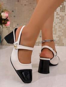 复古方头法式高跟凉鞋，时尚包头高跟鞋，性感优雅的粗跟玛丽珍鞋，亮面皮革，魔术贴闭合，适合约会、伴娘、所有季节 - 米色 - 查看 10